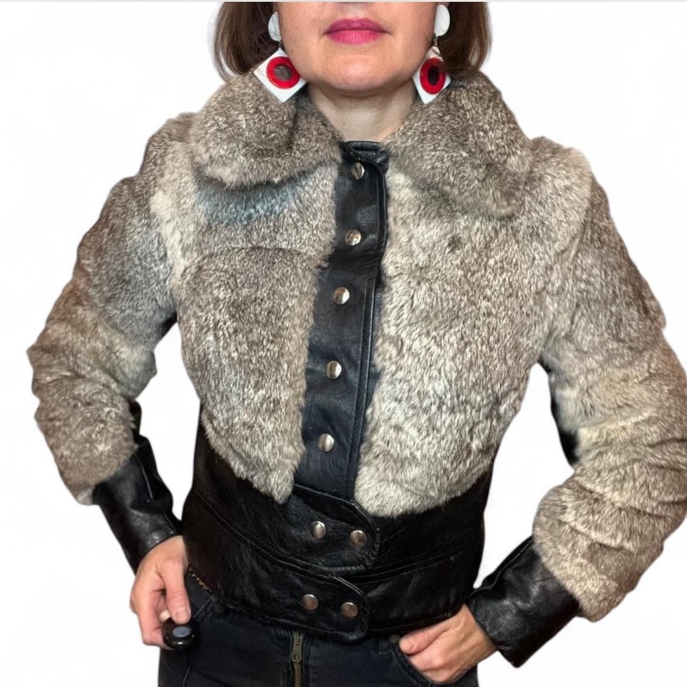 60s/70s Rabbit Fur Leather Bomber /Moto Jacket Sz Xs-Sm